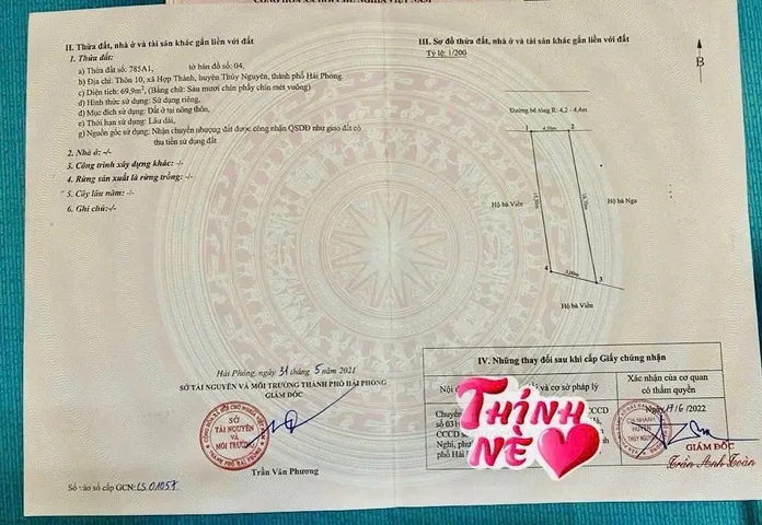 Bán lô rẻ kịch sàn tại xã hợp thành Thủy Nguyên dt 69m ngang 4 .l/h:076.231.9990 em Thúy