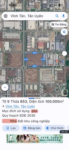 Bán đất 100000m² ngang 279m giá 450 tỷ tại Xã Vĩnh Tân Thị xã Tân Uyên
