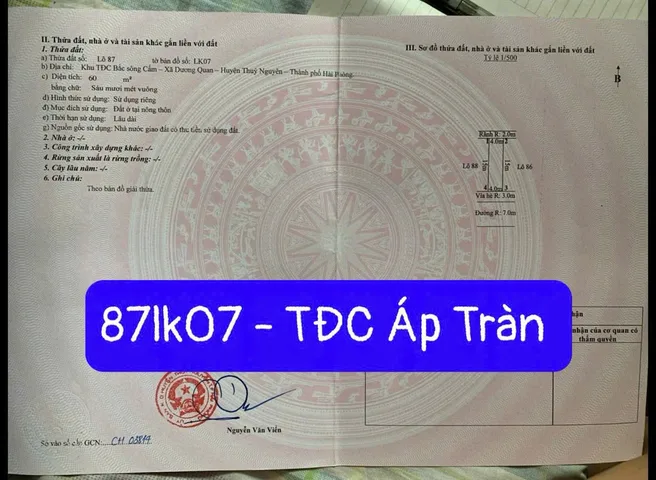 Bán đất 60m² 87lk07. tđc Áp Tràn ngang 4m giá 3.25 tỷ tại Dương Quan Thuỷ Nguyên. liên hệ 0362558882