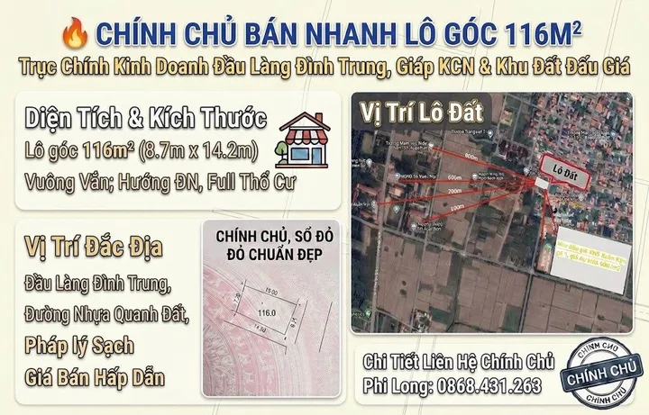 Lô góc 116m2, mt 8,7; trục chính kinh doanh, oto tải tránh nhau, đầu làng Đình Trung, Thư Lâm.