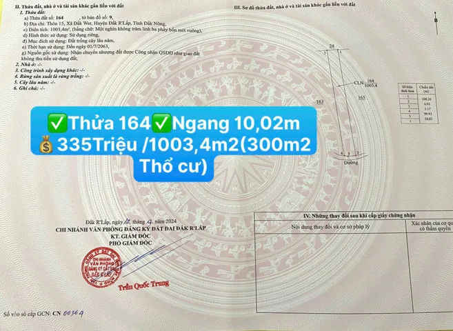 GIÁ TỐT 335TRIỆU/1003,4m2(có 300m2 thổ cư) )☎️0938.60.9098 Ms.Trọng