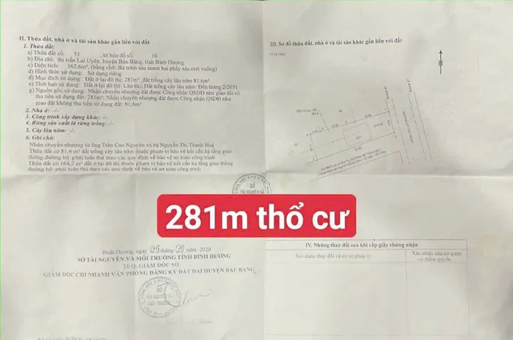 Bán đất 362.6m² ngang 10m giá 1.5 tỷ Xã Bàu Bàng mặt tiền DT 750