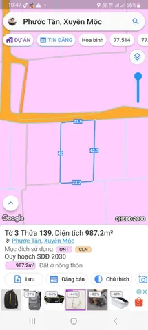 Bán đất 987,3m² ngang 23,6m giá 3.1 tỷ Xã Hồ Tràm