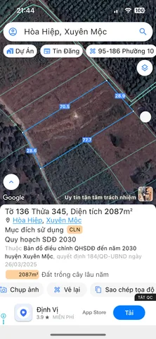 Bán đất 2087m² ngang 28,6m giá 1.25 tỷ Xã Hòa Hiệp