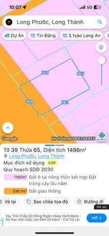 Bán đất 1496.1m² ngang 30m giá 20 tỷ Xã Long Phước