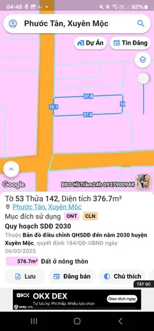 Bán đất 376.7m² ngang 10m giá 1.65 tỷ Xã Hồ Tràm