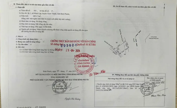 Bán đất 1831,7m² 300 thổ cư ngang 31m giá 800 triệu Xã Nha Bích
