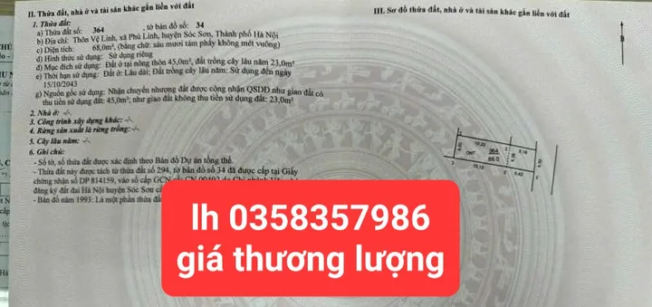 Bán đất 68m² full thổ cư ngang 4.5m giá 2.5 tỷ tại Xã Sóc Sơn