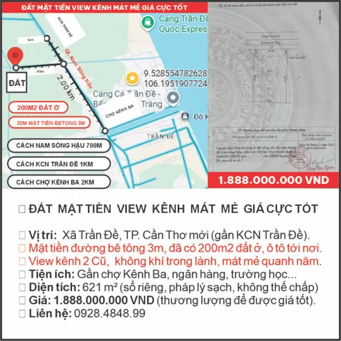 ĐẤT MẶT TIỀN GẦN KCN TRẦN ĐỀ – GIÁ CỰC TỐT – PHÁP LÝ SẠCH