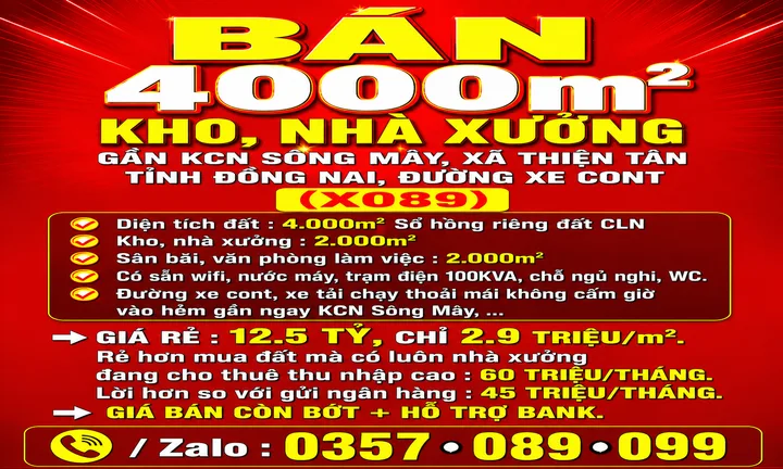 BÁN RẺ 4000m2 KHO, NHÀ XƯỞNG THIỆN TÂN, TP ĐỒNG NAI GẦN KCN SÔNG MÂY, SỔ HỒNG RIÊNG