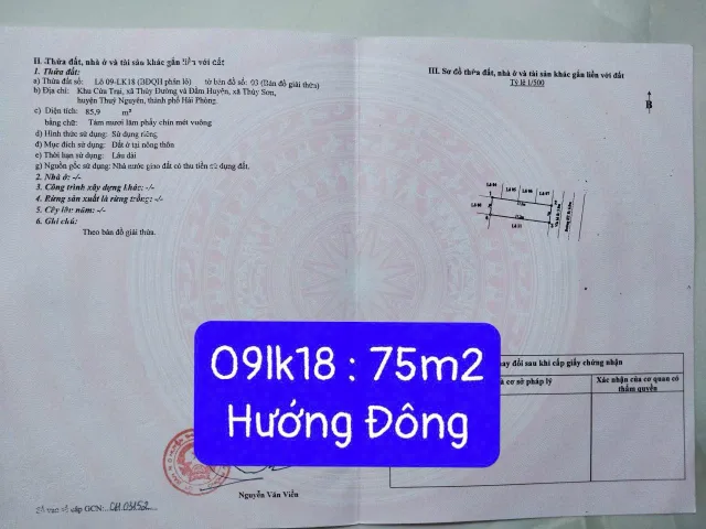 Bán đất 85,9m² ngang 5m . lô 09lk18 Cửa Trại. giá 4.55 tỷ Phường Thủy Nguyên( Thủy Sơn). liên hệ 0362558882