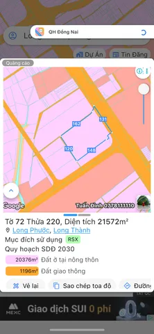 Bán đất 58000m² ngang 179m giá 580 tỷ Xã Long Phước