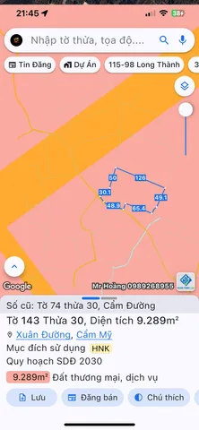 Bán đất TMD. 9289.1m² ngang 50m giá 12.5 tỷ Xã Long Thành