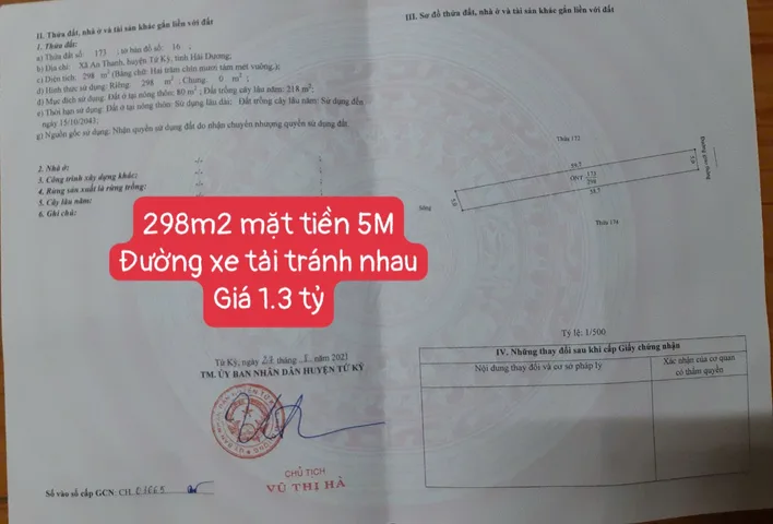 BÁN LÔ ĐẤT 300M² GẦN NHÀ THỜ THANH KỲ – MẶT ĐƯỜNG 7M, GIÁ CHỈ 1.3 TỶ (~4.4TR/M²)!