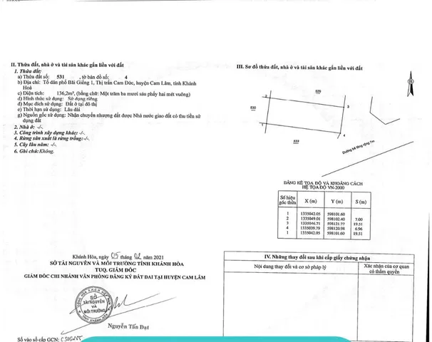 Bán đất 136.2m² ngang 6,9m giá 750 triệu Xã Cam Lâm