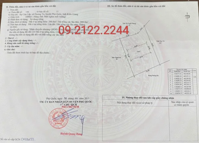Bán đất 1000m² ngang 40m Chùa Ông Cửa Lấp giá 11 tỷ Đặc khu Phú Quốc