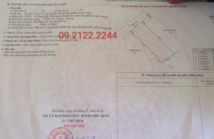 Bán đất 1338.2m² Mặt tiền Bến Tràm 22m Cửa Dương giá 12 tỷ Đặc khu Phú Quốc