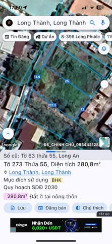 Bán đất 280.8m² ngang 11m giá 3.5 tỷ Xã Long Thành