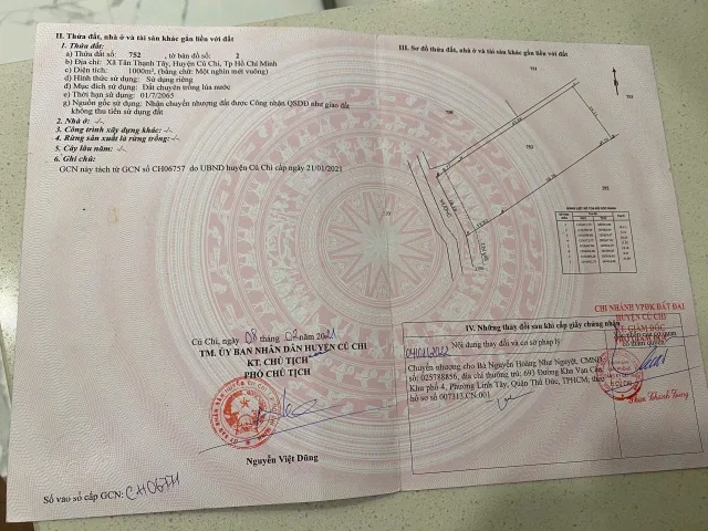 bán lô đất mặt tiền đường nhựa, xã Tân Thạnh Tây, huyện Củ Chi, Hồ Chí Minh Diện tích: 1000 mv đất lúa Giá: 7tr/m2