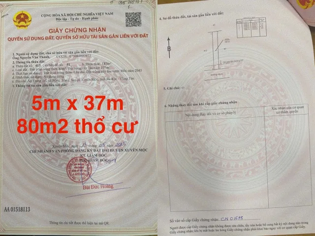 Bán đất 187m² ngang 5m giá 1.2 tỷ Xã Xuyên Mộc