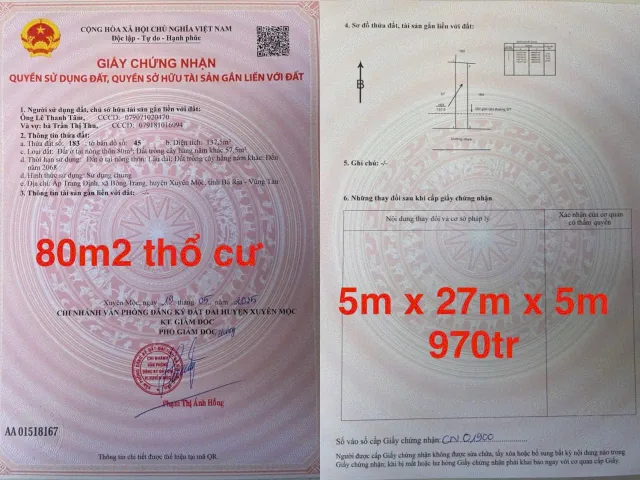 Bán đất 137,5m² ngang 5m giá 970 triệu Xã Xuyên Mộc