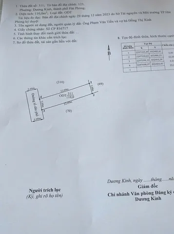 Bán đất 110m² full thổ cư ngang 5m giá 2.37 tỷ tại Phường Dương Kinh (đường 5m Tư Thủy, Hòa Nghĩa cũ)