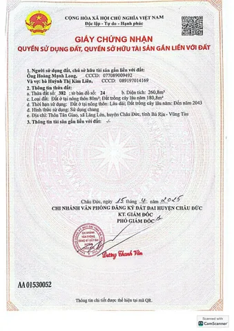 Bán đất 260,8m² ngang 10m giá 1.3 tỷ Xã Kim Long Châu Đức
