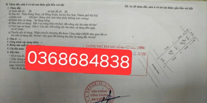 Bán đất 100m² có sẵn 40m² thổ cư ngang 4.7m giá 5.8 tỷ tại Xã Sóc Sơn