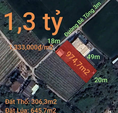 Bán đất 974,7m² ngang 18m giá 1.3 tỷ Xã Vàm Cỏ