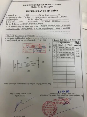 Bán đất 126m² có sẵn 100m2 thổ cư ngang 5m giá 1.05 tỷ Xã Châu Pha, Phú Mỹ, HCM