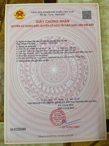 Bán đất 188,3m² ngang 10m giá 1.68 tỷ Phường Tam Long Bà Rịa