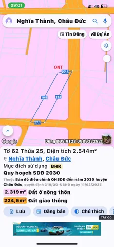 Bán đất 2543.8m² ngang 27m giá 4.5 tỷ Xã Nghĩa Thành Châu Đức