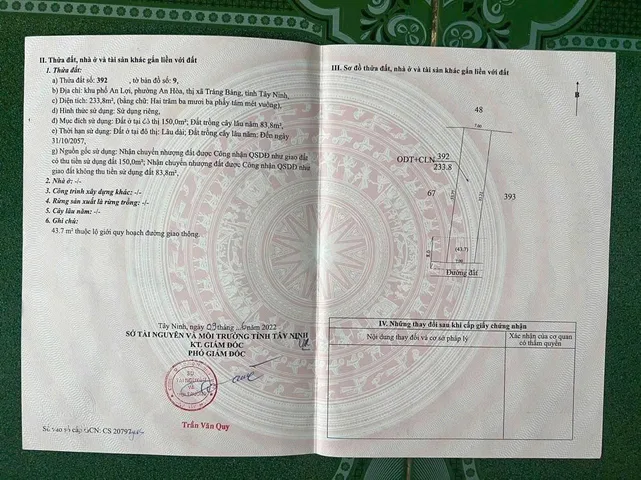 ĐẤT NỀN AN HÒA - TRẢNG BÀNG: 233,m2 THỔ CƯ – VỊ TRÍ ĐẸP, GIÁ GỐC 950TR
