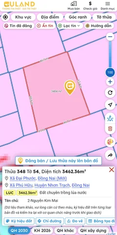 Bán gấp đất xã Phú Hữu Nhơn Trạch cũ dt đất 3462.4m² ngang 45m giá 10 tỷ Xã Đại Phước mới