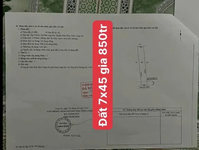 Bán đất 319m² ngang 7m giá 890 triệu Xã Đức Lập