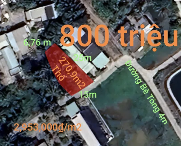 Bán đất 270,9m² full thổ cư ngang 15m giá 800 triệu tại Xã Vàm Cỏ