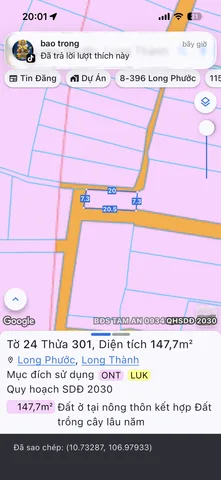 Bán đất 147.7m² có sẵn 80m² thổ cư ngang 7m giá 2.5 tỷ tại Xã Long Phước
