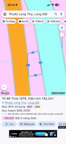 Bán đất 133.8m² có sẵn 80m² thổ cư ngang 15.4m giá 1.08 tỷ tại Xã Đất Đỏ