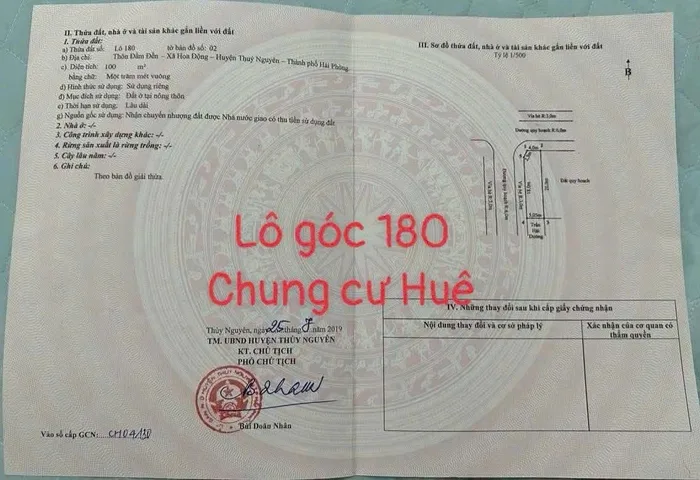 Bán 100 m lô góc 180 Chung cư Huê Hoa Động nằm giữa hoàng huy và dojji. L/h:076.231,9990 e Thúy