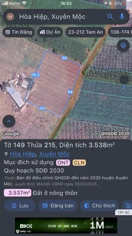 Bán đất 3550.3m² có sẵn 100m² thổ cư ngang 70.5m giá 4.2 tỷ tại Xã Hòa Hiệp