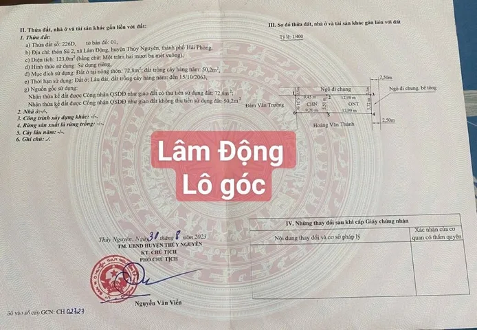 Bán 72.8 m Lâm Động + 50 .2 m đất. Là lô góc ngõ ô tô rộng rãi. Gần vành đai2.l/h:076.231.9990 e Thúy