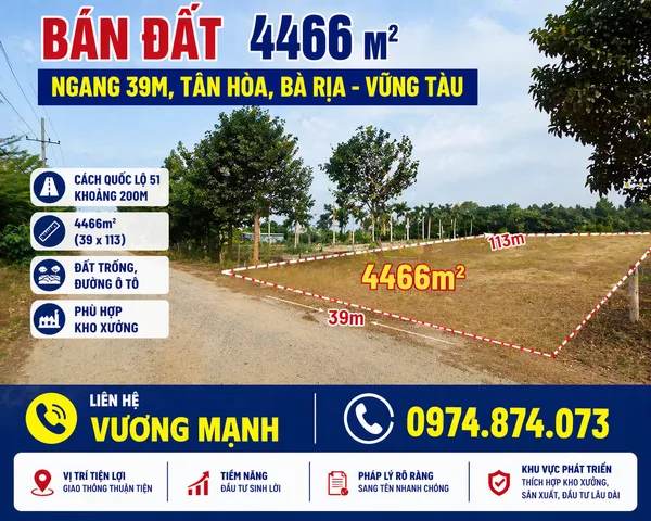 SẬP GIÁ PHÁT MẠI đất 4466m2 tại tân hòa, 16,5 tỷ, bà rịa vũng tàu