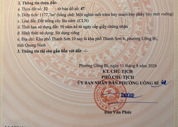 Bán đất 1180.7m² ngang 7m giá 6,5 tỷ tại Phường Uông Bí