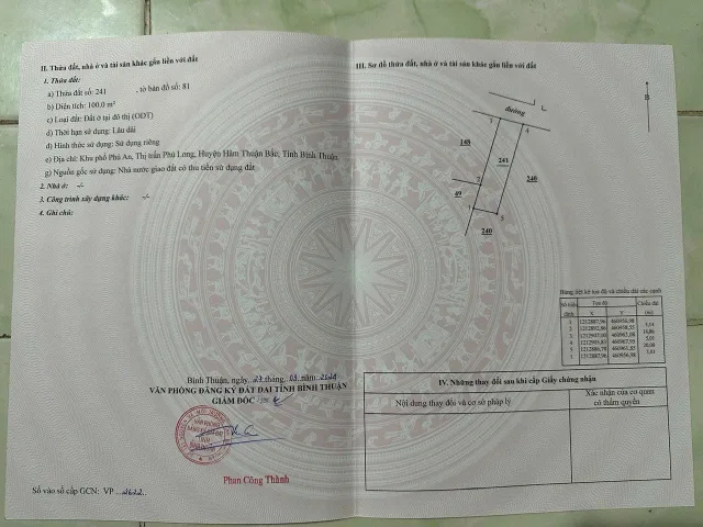 Bán đất 100m² full thổ cư ngang 5m giá 900 triệu tại Phường Hàm Thắng