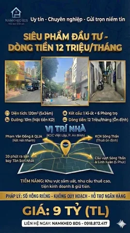 MẶT TIỀN ĐƯỜNG 10M KDC VIỆT LẬP AN BÌNH DĨ AN , DÒNG TIỀN SẴN, 120M2 9 TỶ