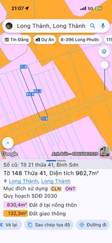 Bán đất 926,7m² có sẵn 676,5m² thổ cư ngang 11.6m giá 7.5 tỷ tại Xã Long Thành