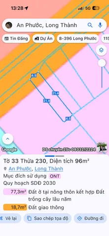 Bán đất 96.2m² có sẵn 96m² thổ cư ngang 4,5m giá 1.4 tỷ tại Xã An Phước