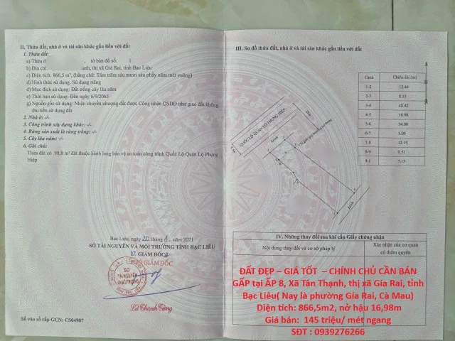 ĐẤT ĐẸP – GIÁ TỐT  – CHÍNH CHỦ CẦN BÁN GẤP tại  Xã Tân Thạnh, thị xã Gía Rai, tỉnh Bạc Liêu