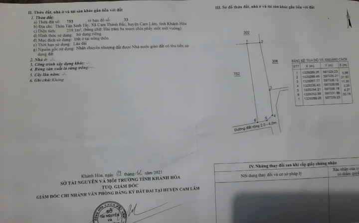 Bán đất 239.1m² full thổ cư ngang 6m giá 900 triệu tại Xã Cam Lâm