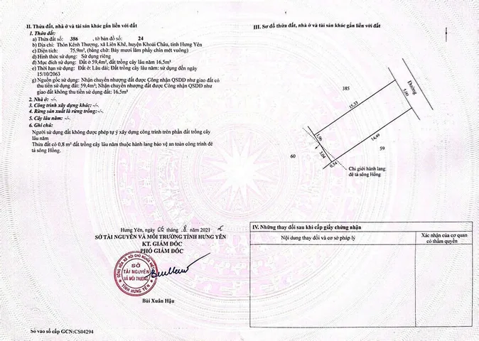 Bán đất 75,9m² có sẵn 59,4m² thổ cư ngang 5m giá 1.29 tỷ tại Xã Khoái Châu